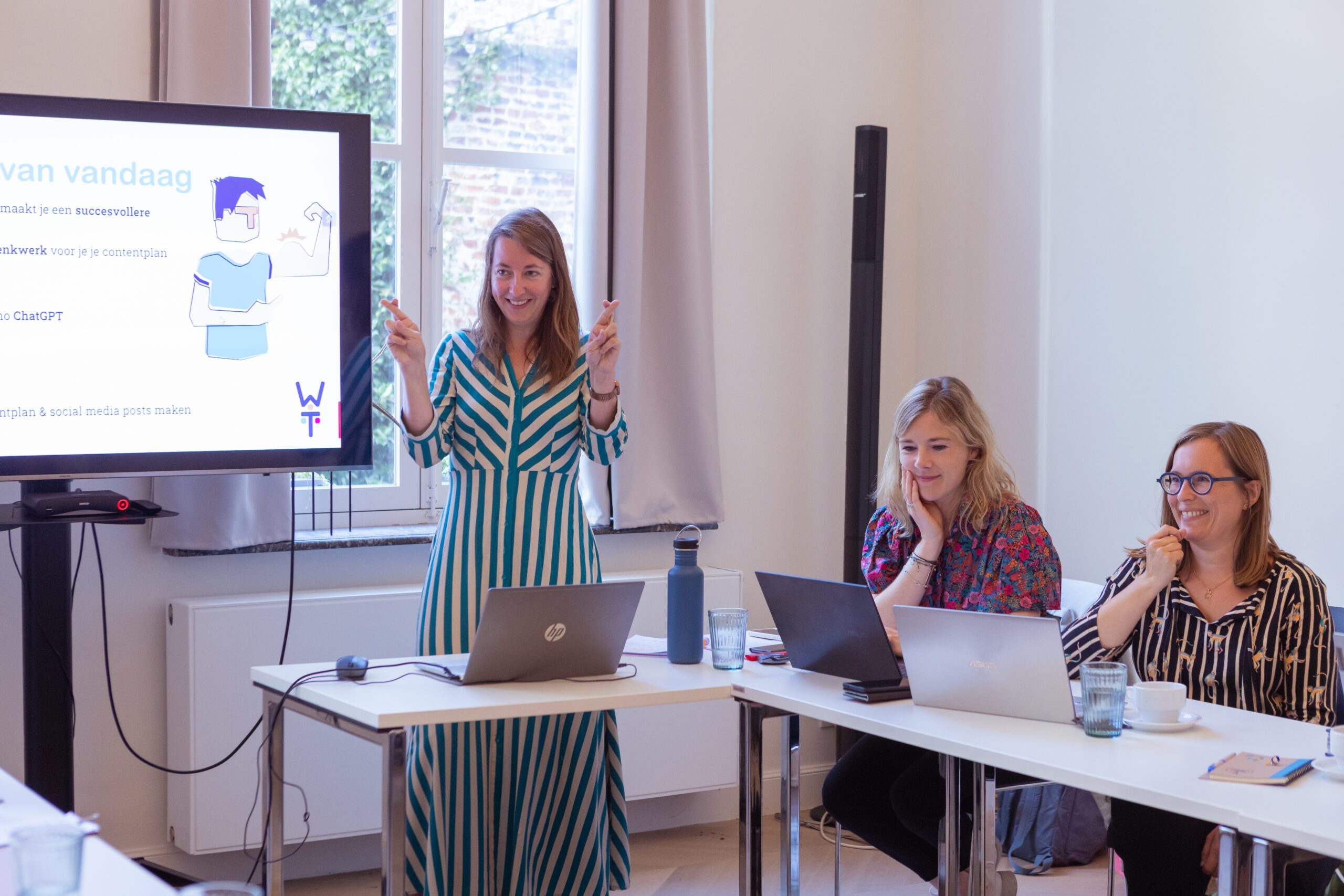 Linde Jacobs, Karlien De Vrieze en Griet Rebry van WAT - Working Apart Together geven workshops in (social media) marketing voor solo-ondernemers.